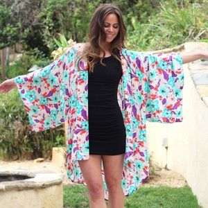 Bo & Eros white with floral print kimono style open front cover up